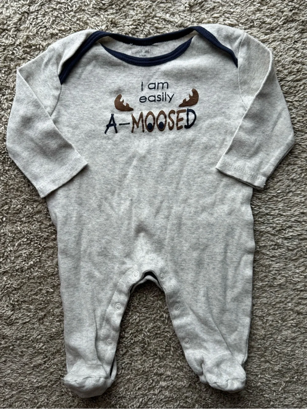 Bloomin’ Baby “I Am Easily A-Moosed” Footed Sleeper Gray Moose Pajamas 3-6M
